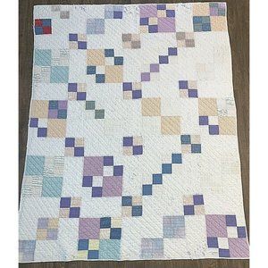 Antique Early 1900's Quilt White W/ Pastel Block Squares 74 X 60" Some Flaws